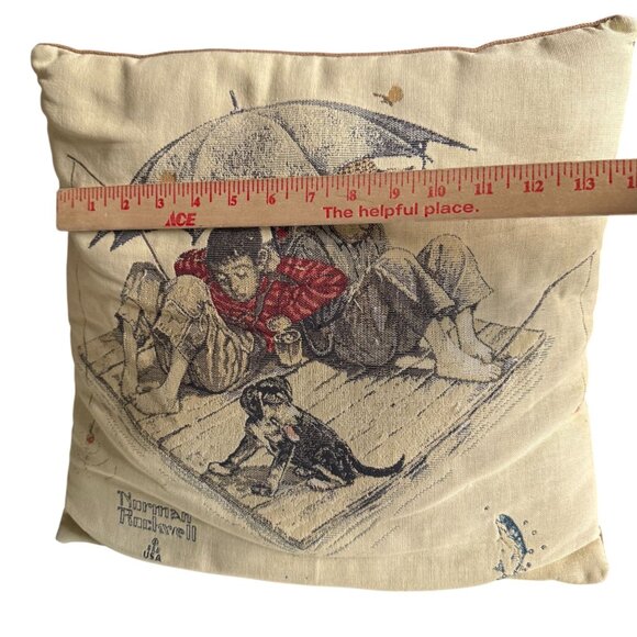 Vintage Norman Rockwell Pillow 2 Boys 1 Dog Fishing Fishermans Paradise - Picture 6 of 7